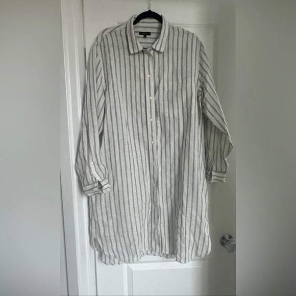 Quince Shirt Dress Women’s Flax European Linen Shirt Dress Pinstriped Pockets L - Picture 2 of 7